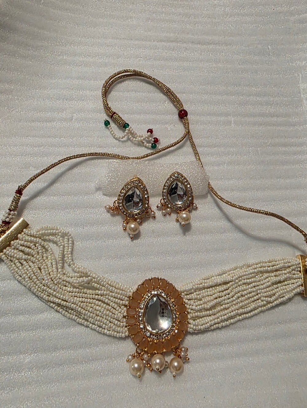 Peach With Pearl Beaded Choker Necklace With Earrings